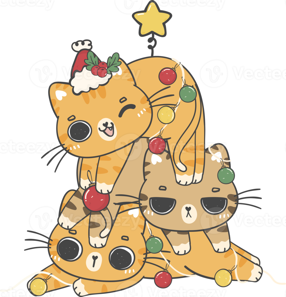 cute Christmas cat tree cartoon doodle hand drawing png