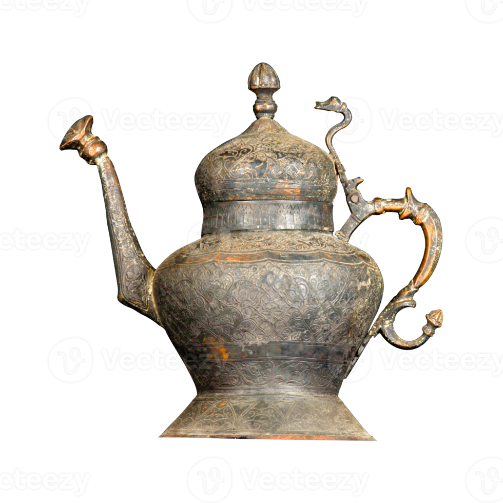 An antique metal teapot with artistic chasing and engraving png