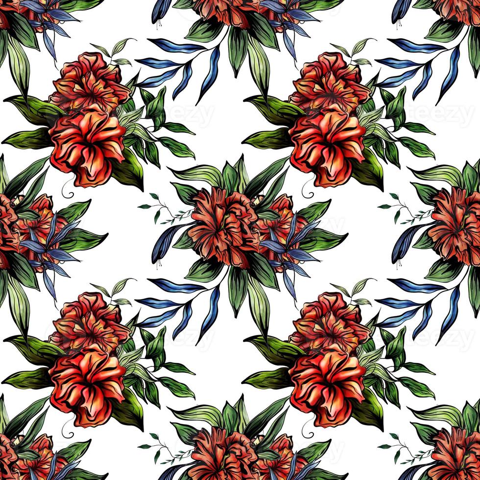 Watercolor pattern with red flowers photo