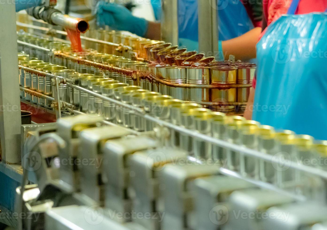 Canned fish factory. Food industry.  Sardines in red tomato sauce in tinned cans on conveyor belt at food factory. Blur workers working in food processing production line. Food manufacturing industry. photo