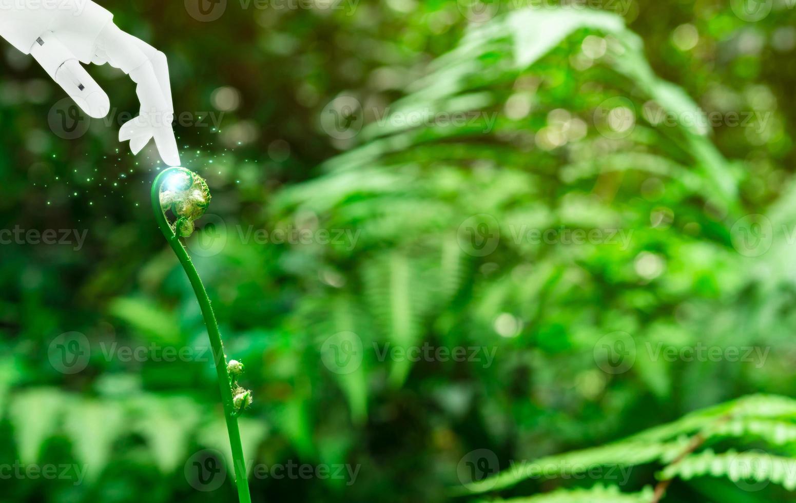 robots verdes para el concepto de sostenibilidad. la mano del robot toca la hoja de la planta verde sobre el fondo de las hojas verdes. La tecnología de inteligencia artificial conecta con la naturaleza. ai y concepto de protección del medio ambiente. foto