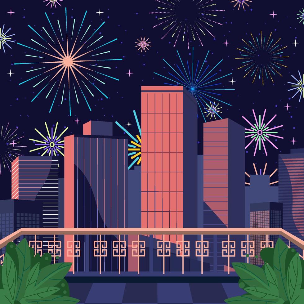 Fireworks Dance From Balcony With City View Concept vector