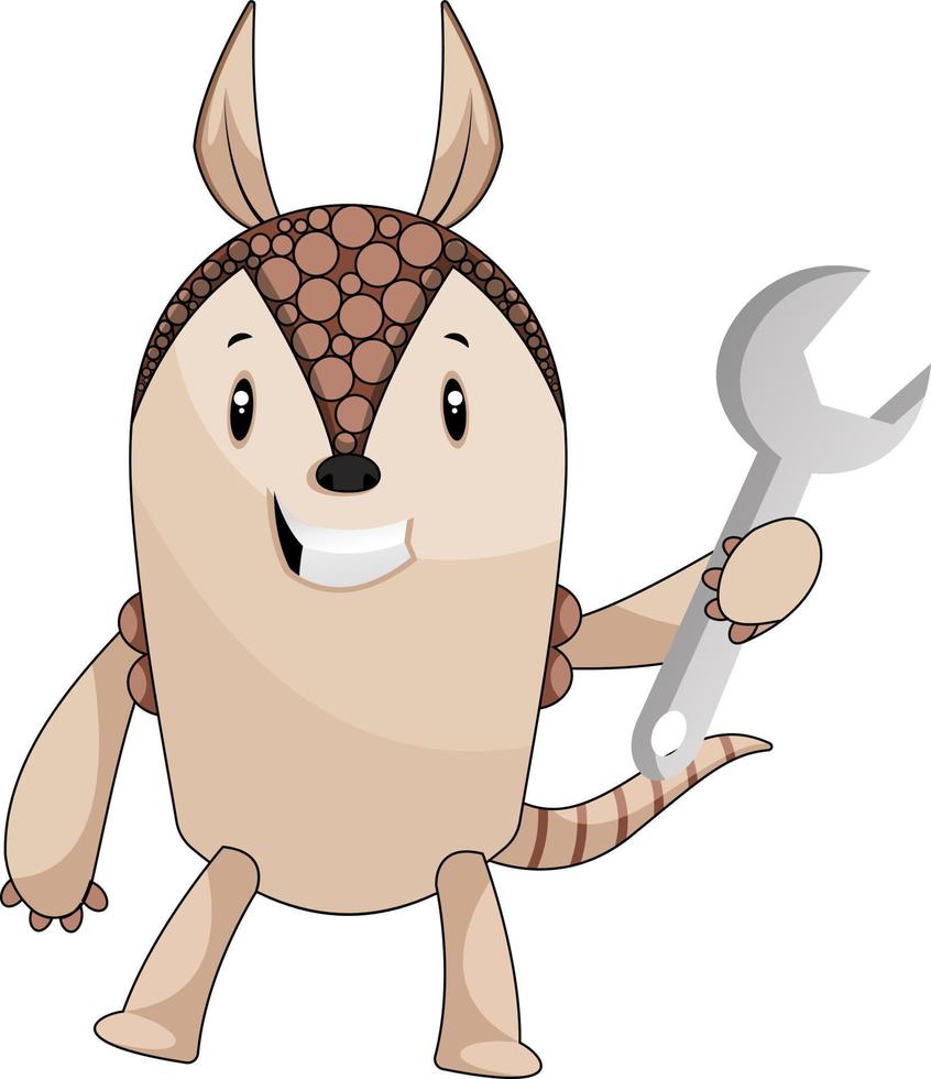 Armadillo with wrench, illustration, vector on white background.