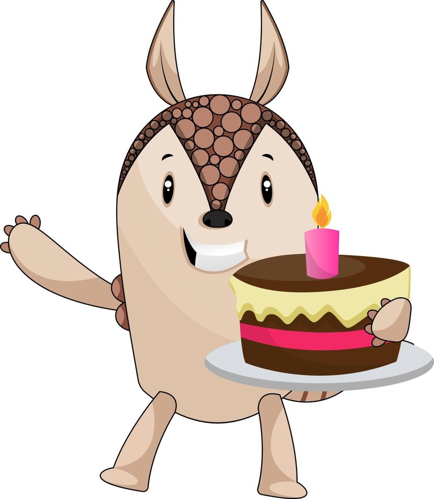 Armadillo holding cake, illustration, vector on white background.