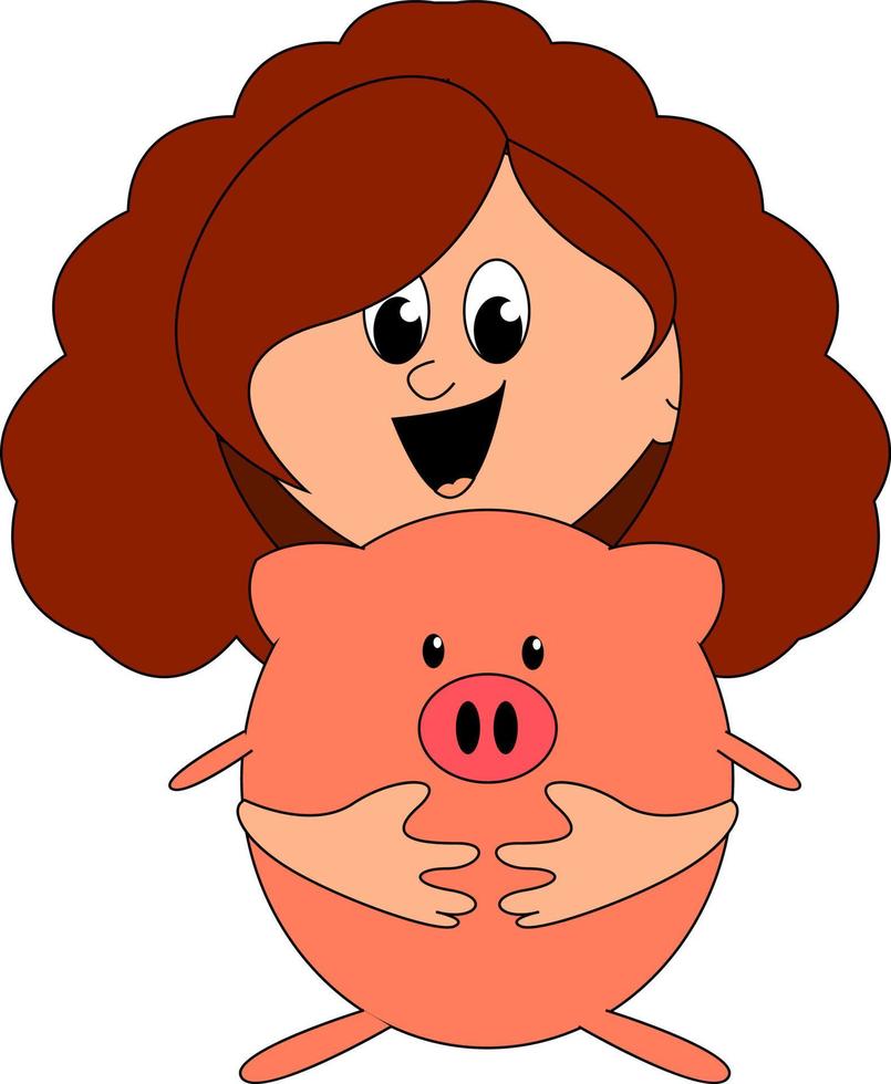 Girl hugging pig, illustration, vector on white background.