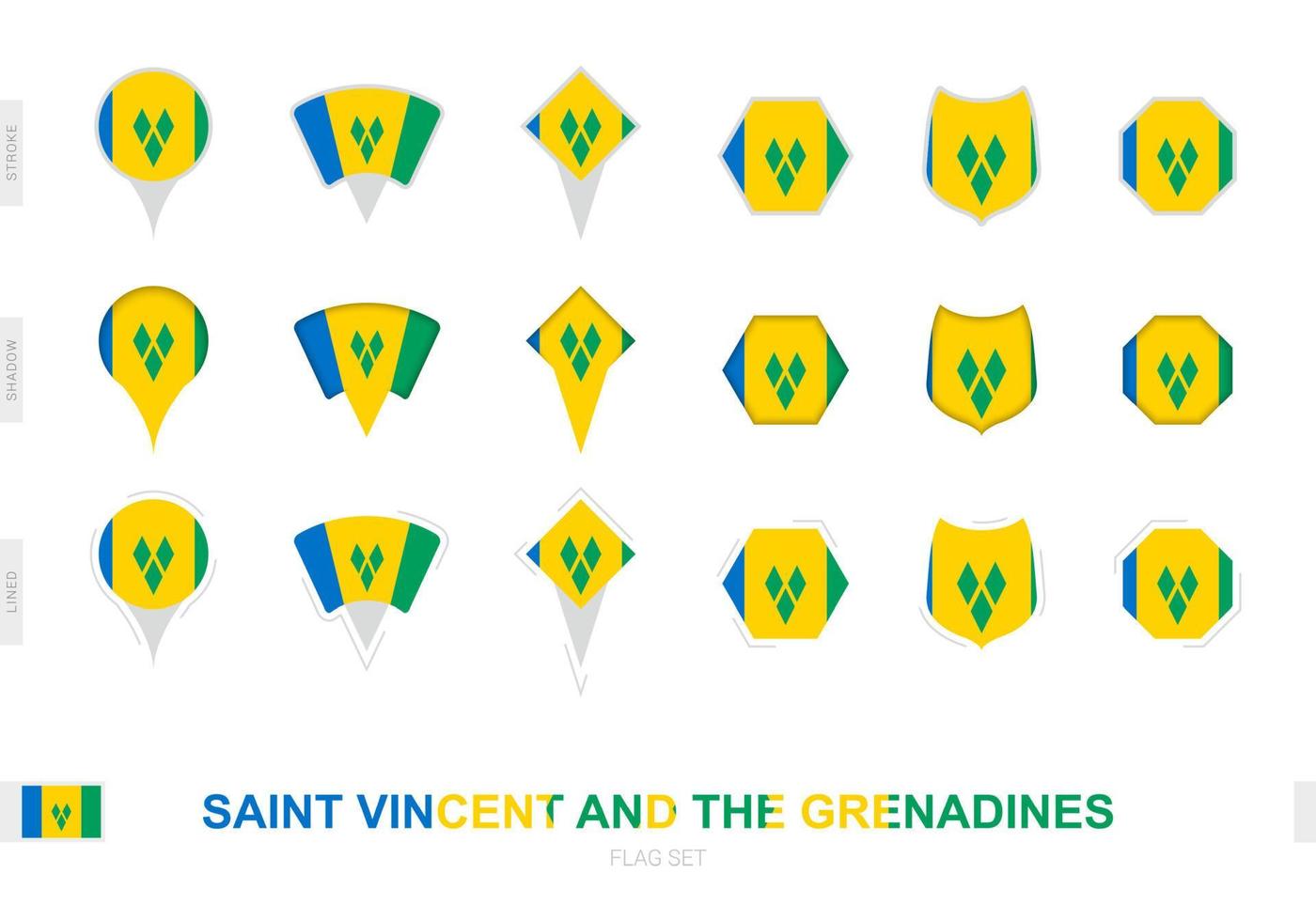 Collection of the Saint Vincent and the Grenadines flag in different shapes and with three different effects. vector