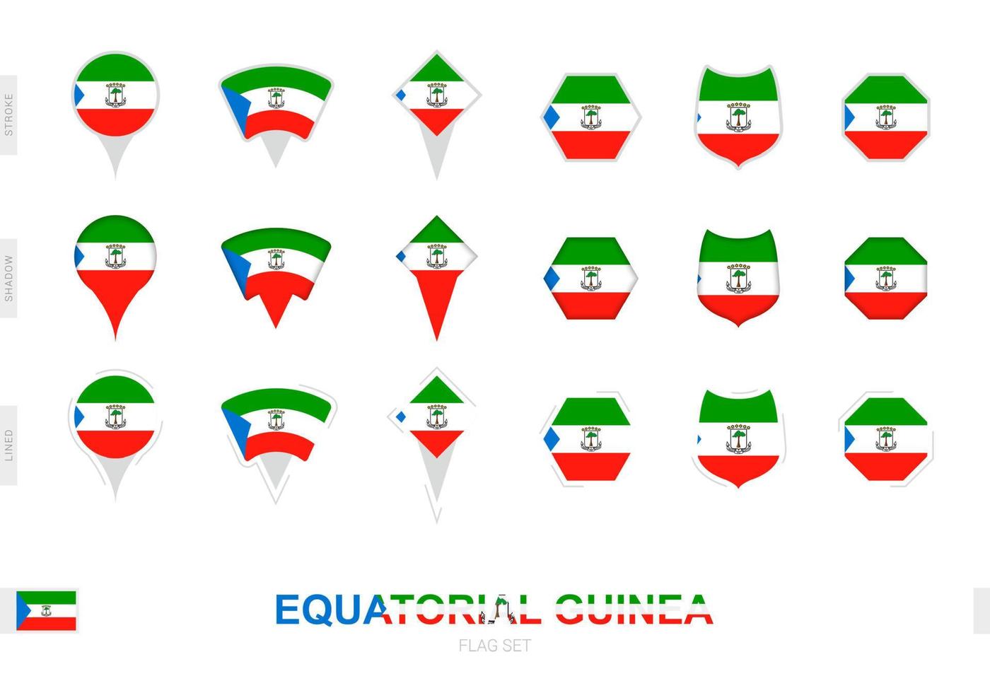 colección de la bandera de guinea ecuatorial en diferentes formas y con tres efectos diferentes. vector