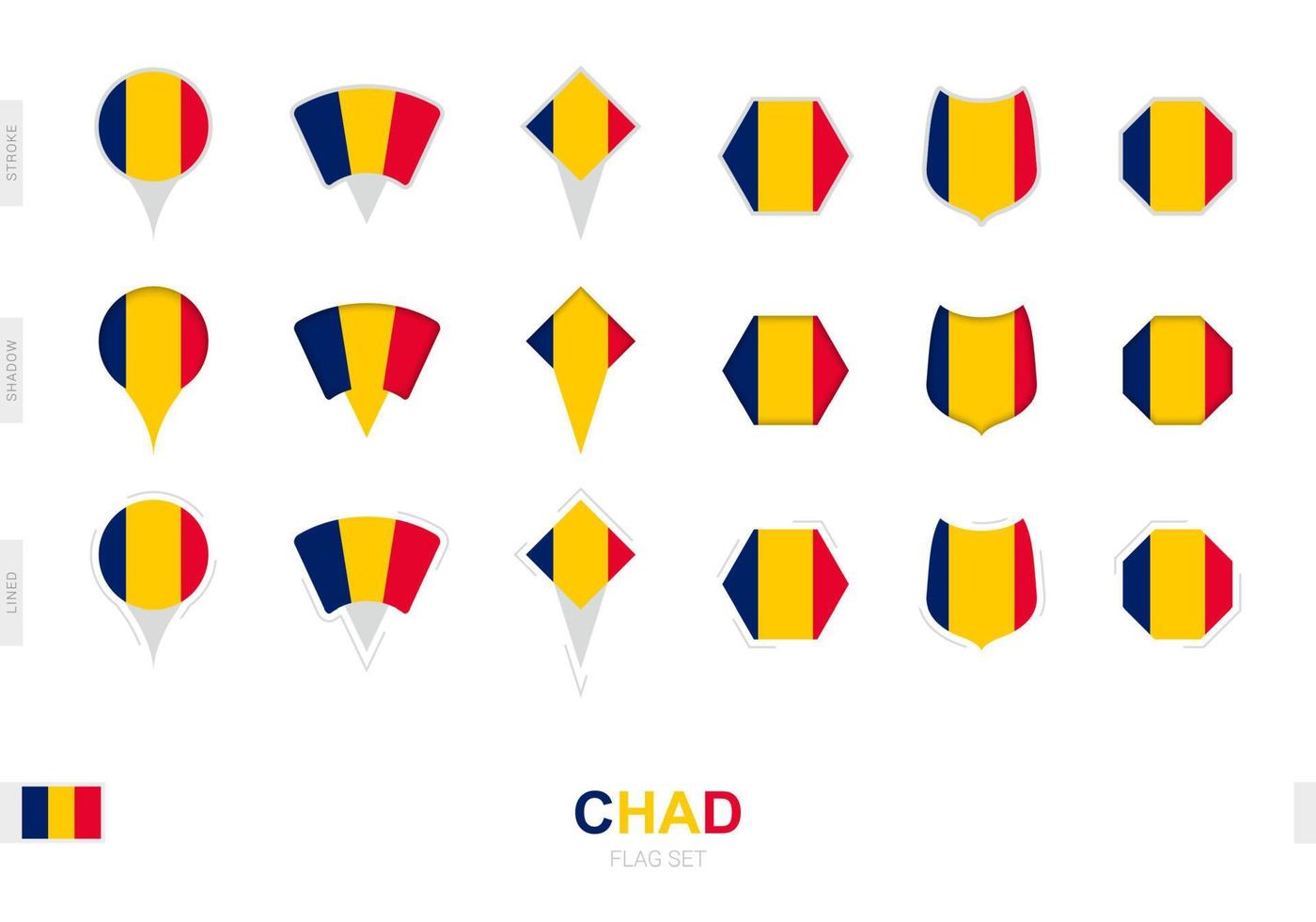 colección de la bandera de chad en diferentes formas y con tres efectos diferentes. vector