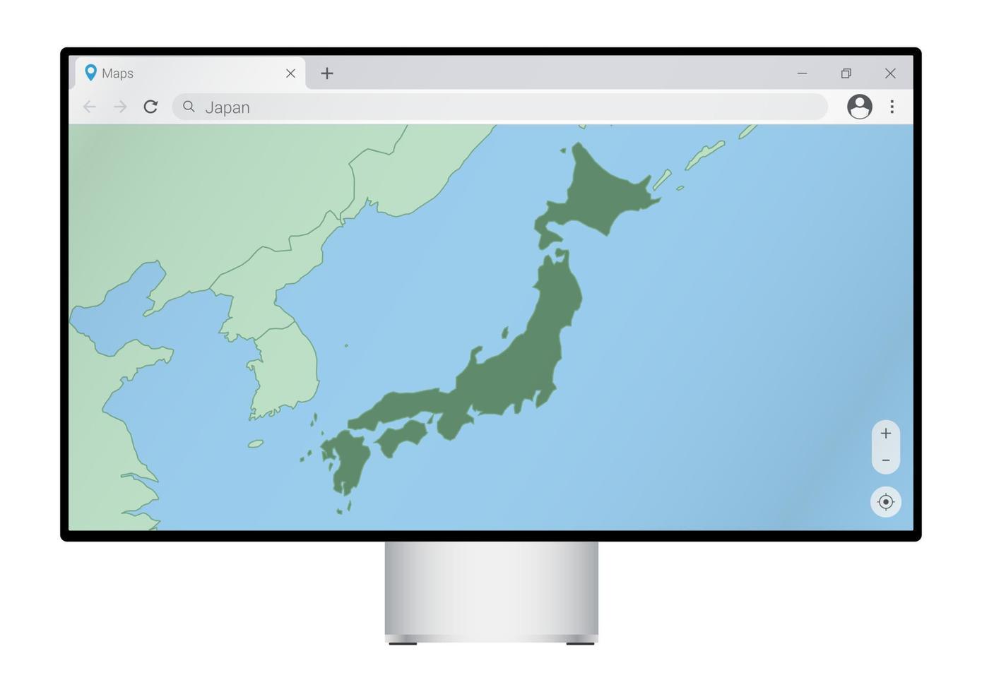 monitor de computadora con mapa de japón en el navegador, busque el país de japón en el programa de mapeo web. vector