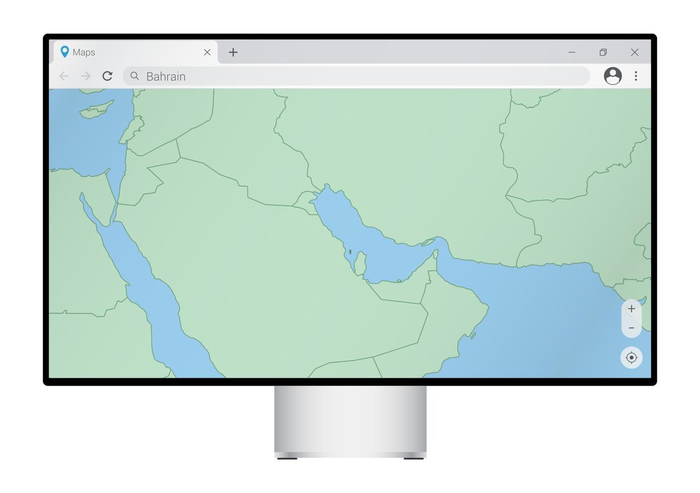 Computer monitor with map of Bahrain in browser, search for the country