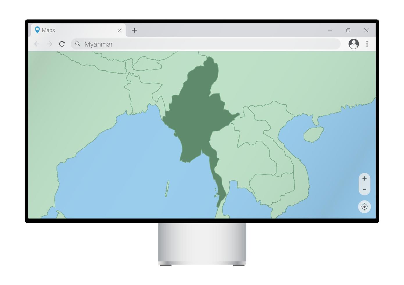 Computer monitor with map of Myanmar in browser, search for the country of Myanmar on the web mapping program. vector