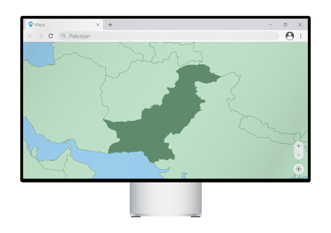 Computer monitor with map of Pakistan in browser, search for the country of Pakistan on the web mapping program. vector
