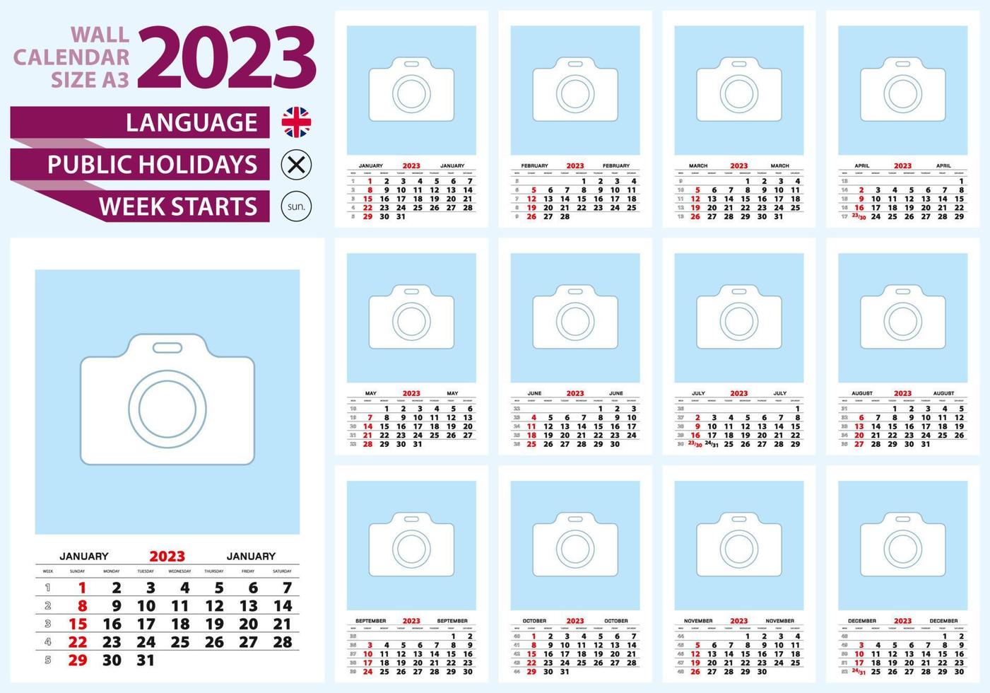 Wall calendar 2023 size A3, English language. Week start from Sunday. vector