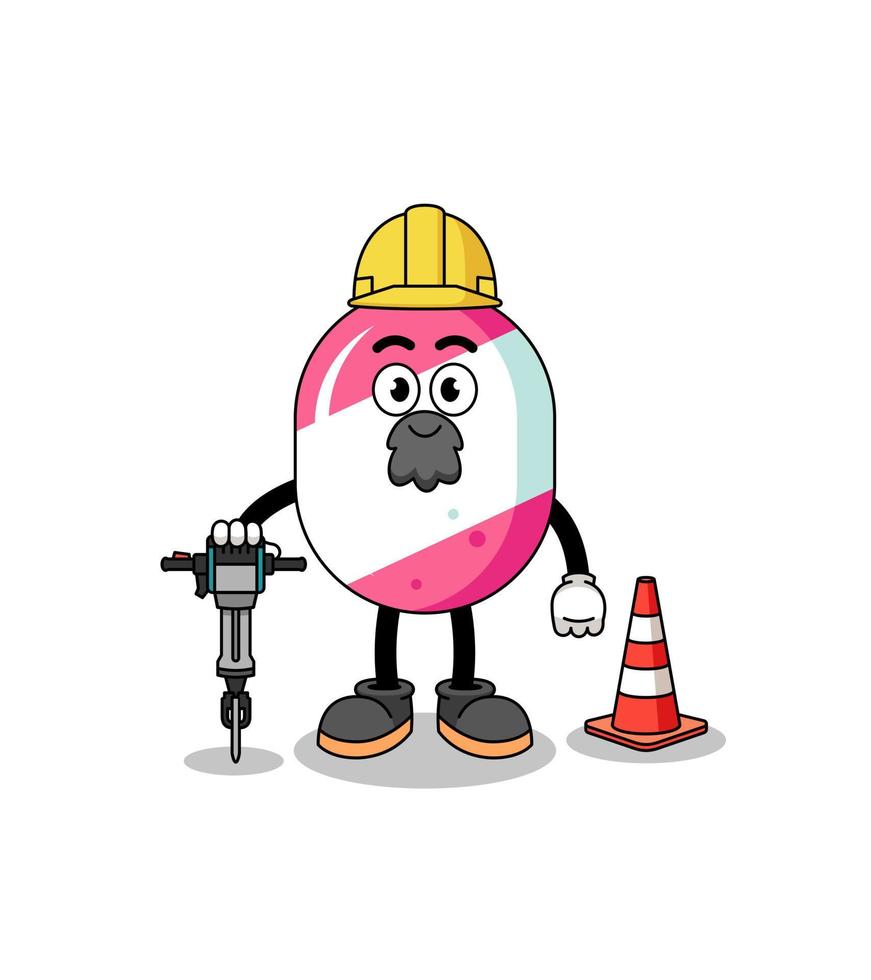 Character cartoon of candy working on road construction vector