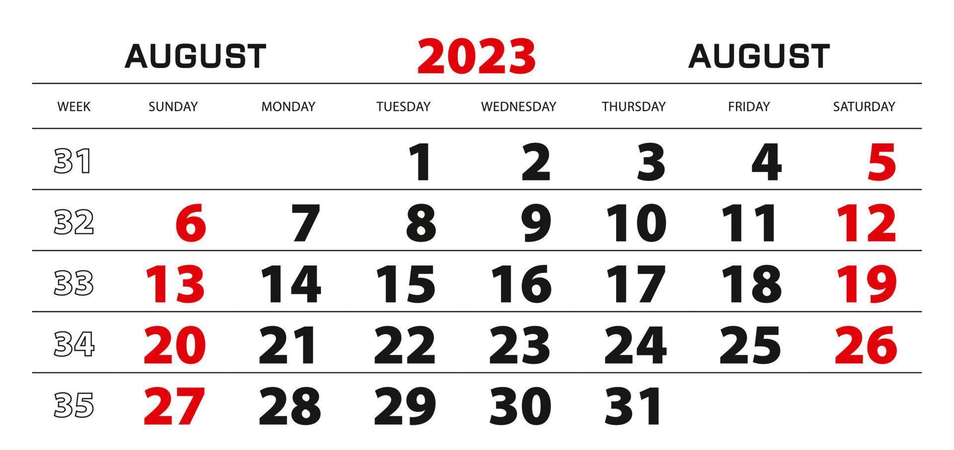 Wall calendar 2023 for august, week start from sunday. vector
