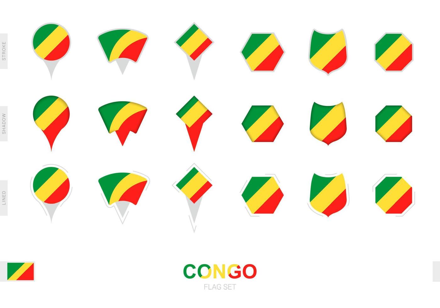 Collection of the Congo flag in different shapes and with three different effects. vector