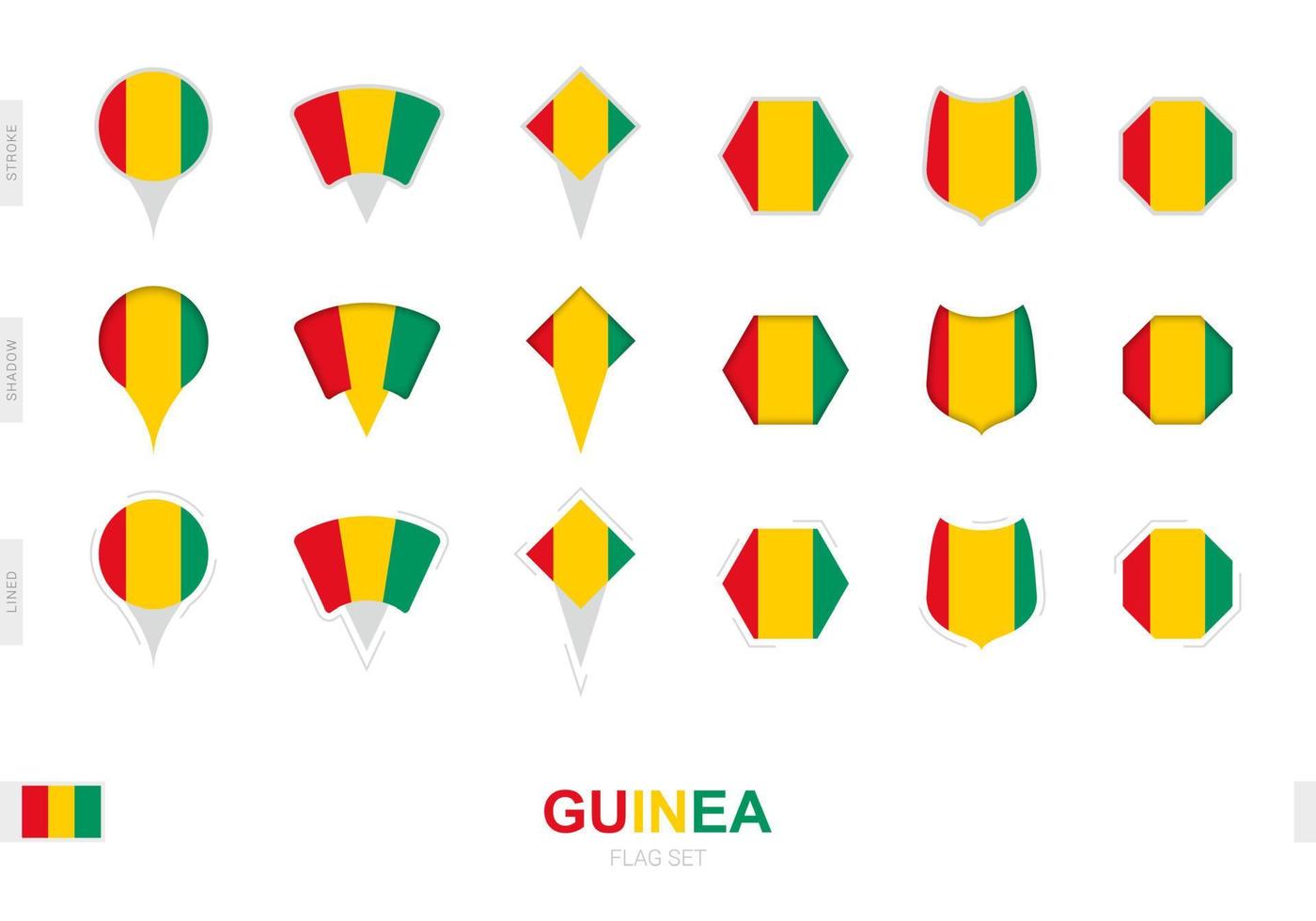 colección de la bandera de guinea en diferentes formas y con tres efectos diferentes. vector