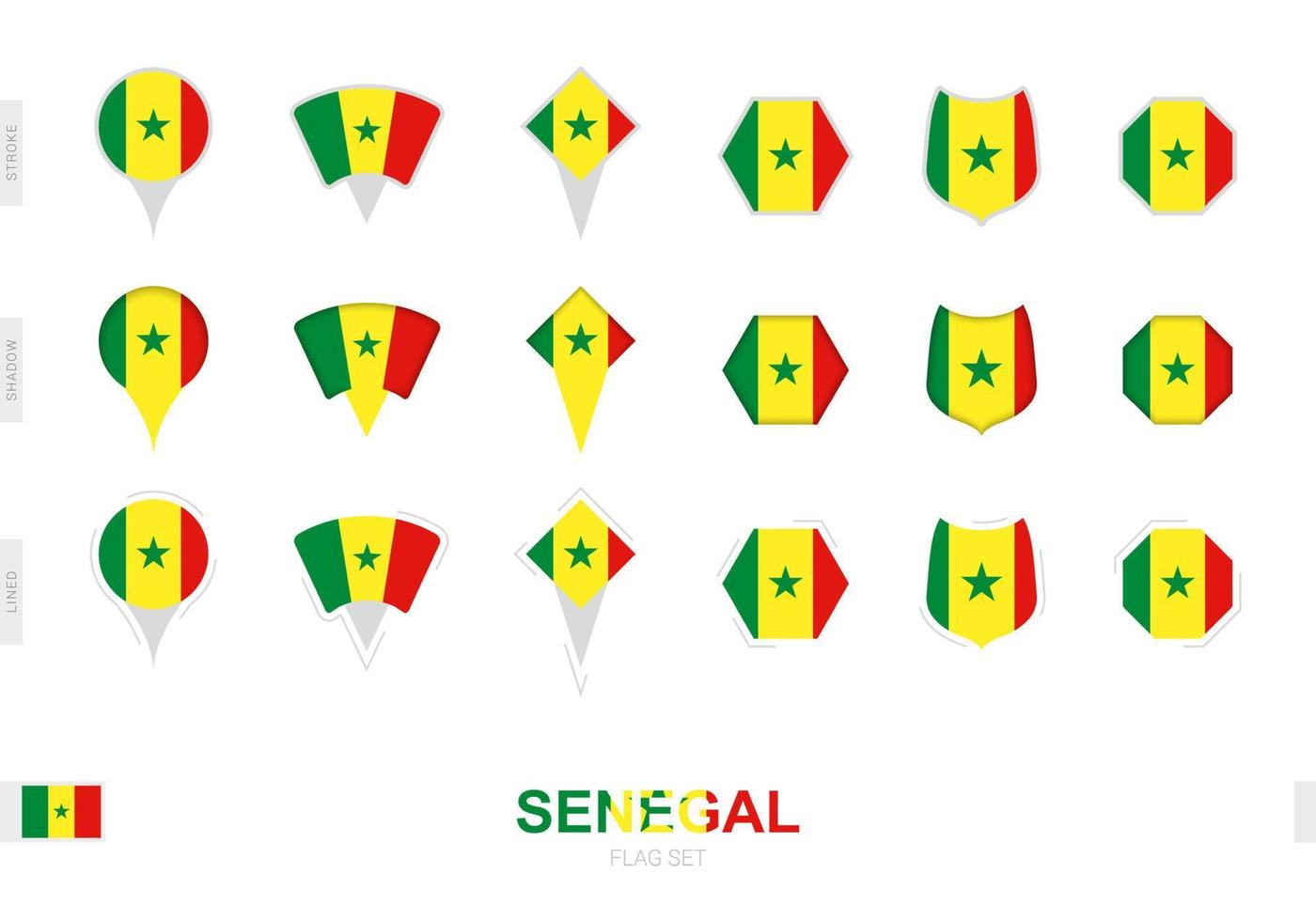 colección de la bandera de senegal en diferentes formas y con tres efectos diferentes. vector