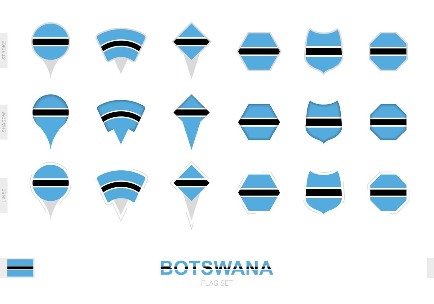Collection of the Botswana flag in different shapes and with three different effects. vector