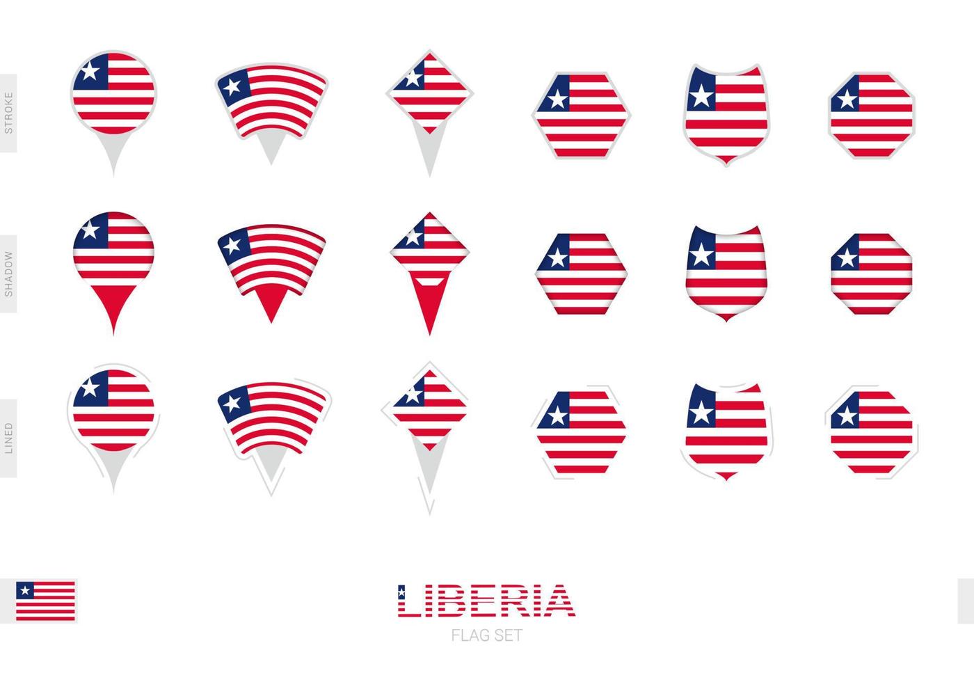 Collection of the Liberia flag in different shapes and with three different effects. vector