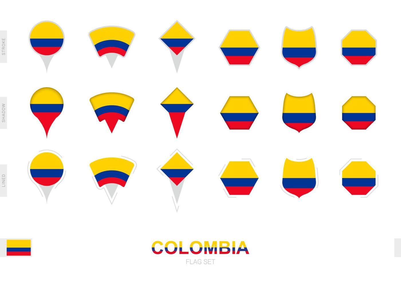 Collection of the Colombia flag in different shapes and with three different effects. vector