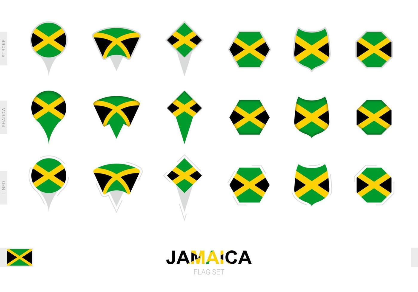 Collection of the Jamaica flag in different shapes and with three different effects. vector