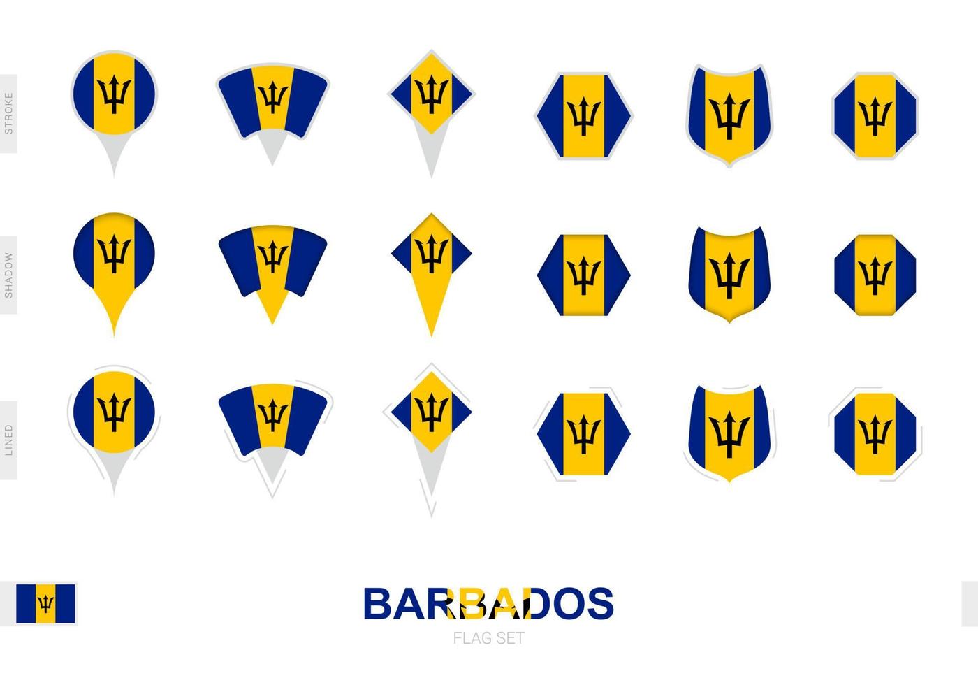 Collection of the Barbados flag in different shapes and with three different effects. vector