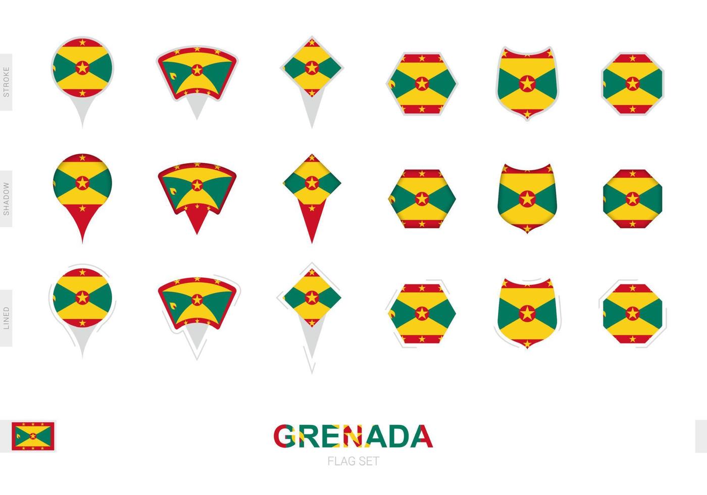 Collection of the Grenada flag in different shapes and with three different effects. vector