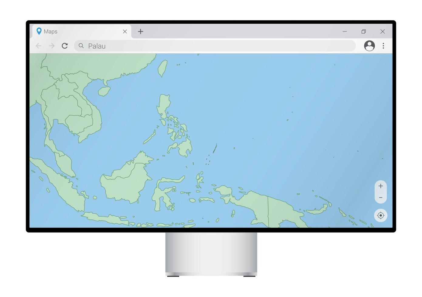 Computer monitor with map of Palau in browser, search for the country of Palau on the web mapping program. vector