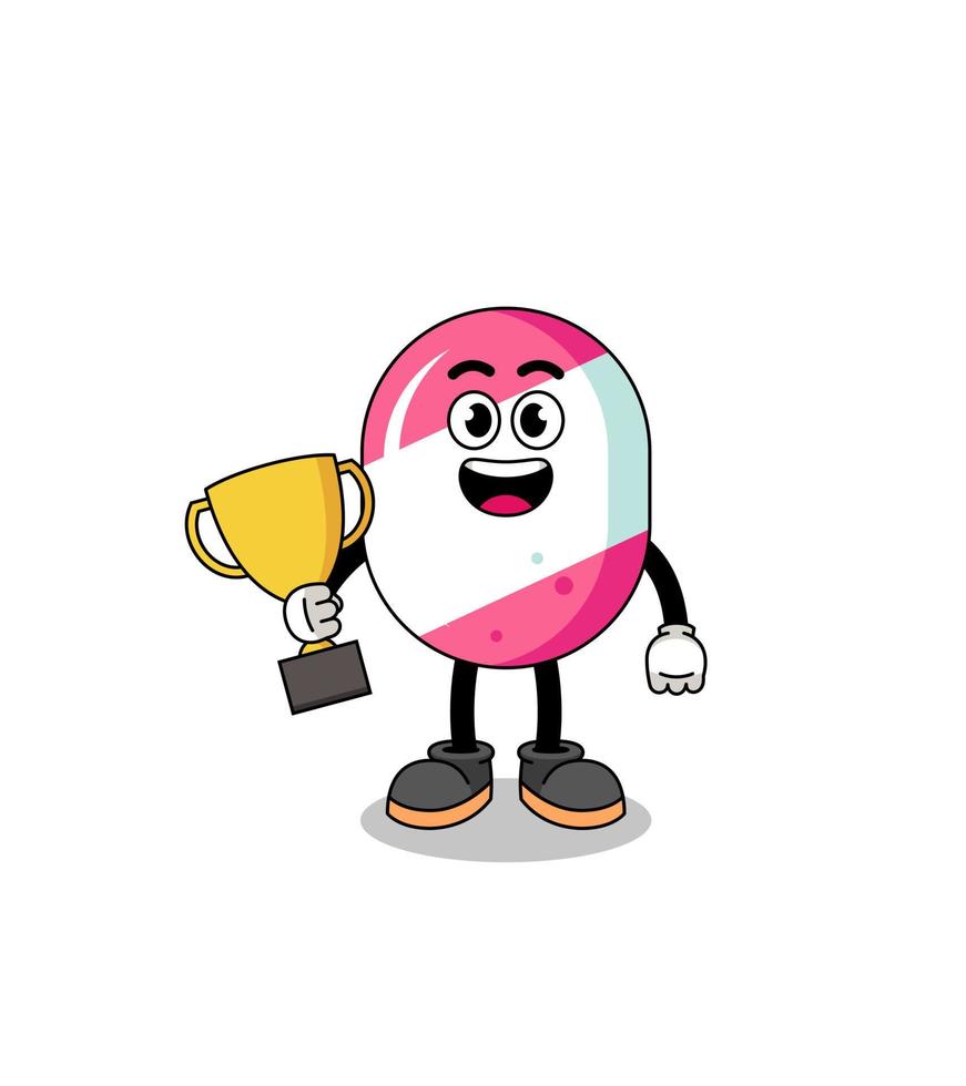 Cartoon mascot of candy holding a trophy vector