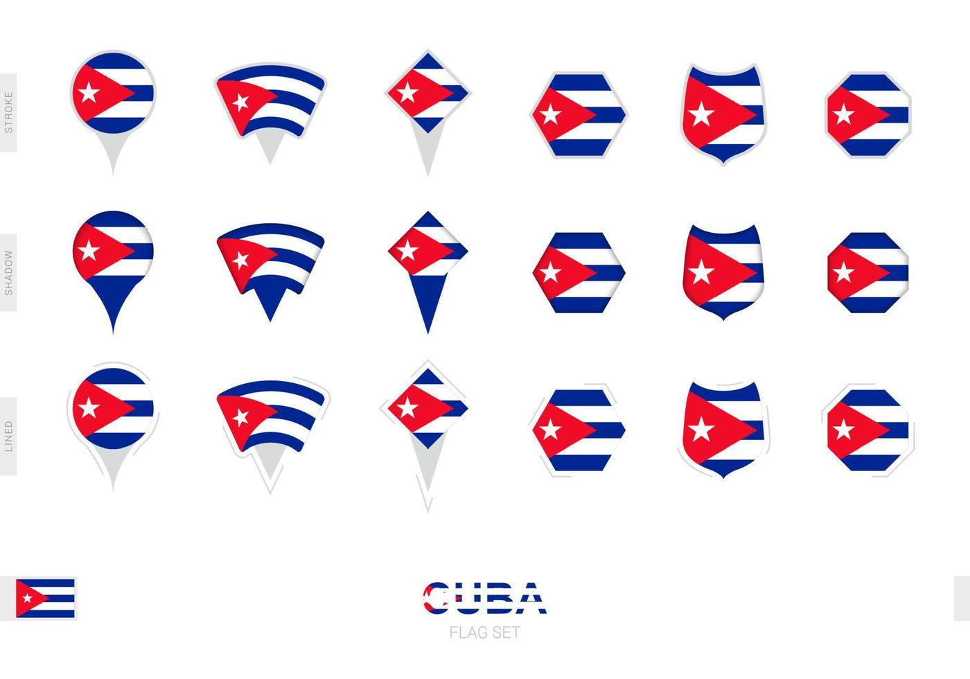 colección de la bandera de cuba en diferentes formas y con tres efectos diferentes. vector