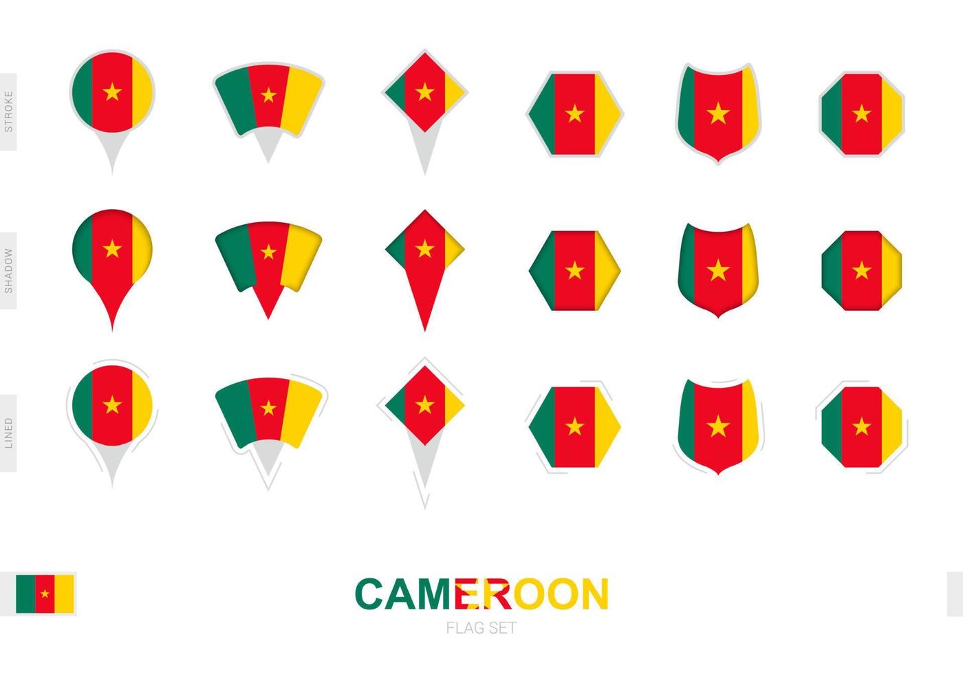 Collection of the Cameroon flag in different shapes and with three different effects. vector