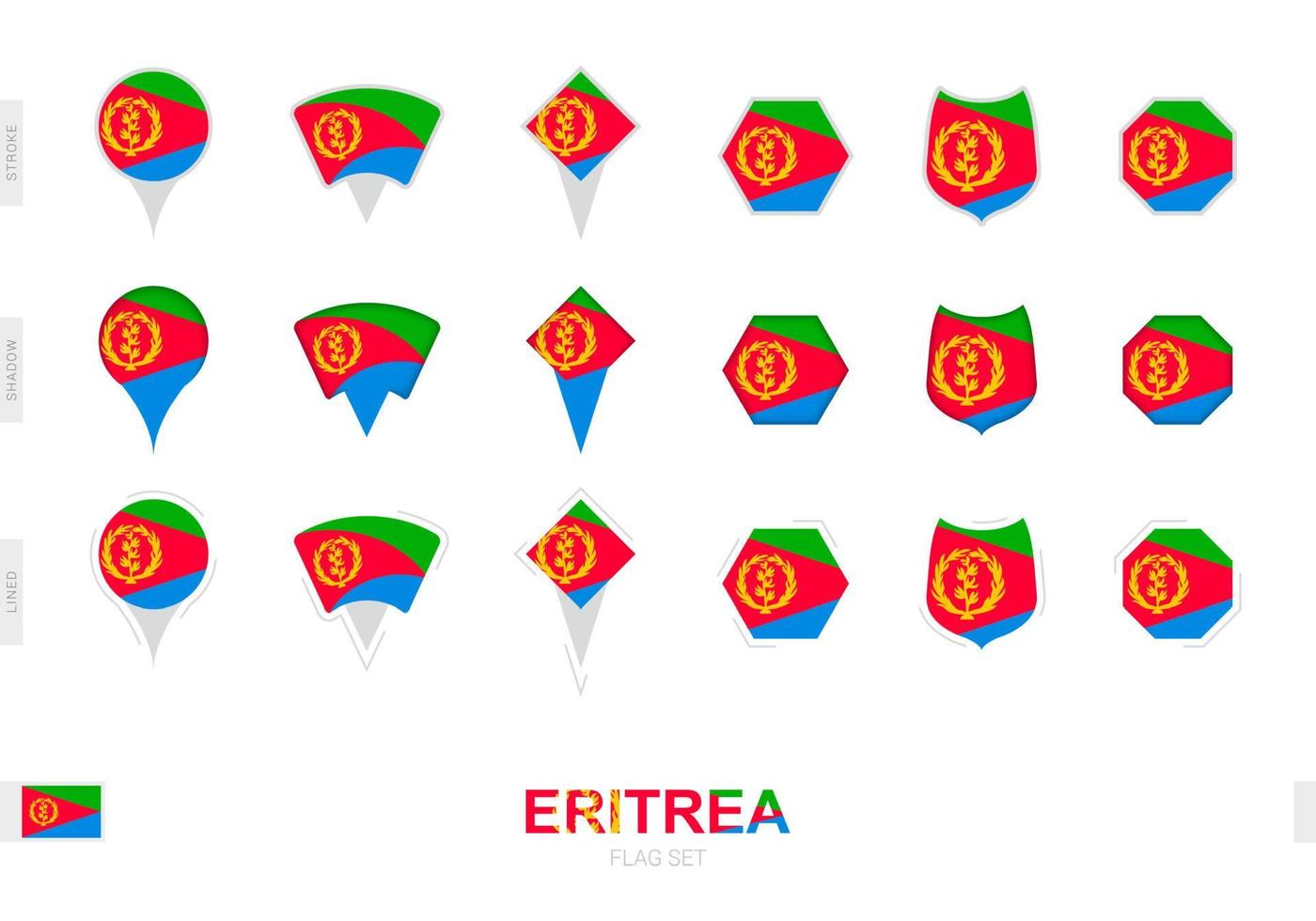 Collection of the Eritrea flag in different shapes and with three different effects. vector