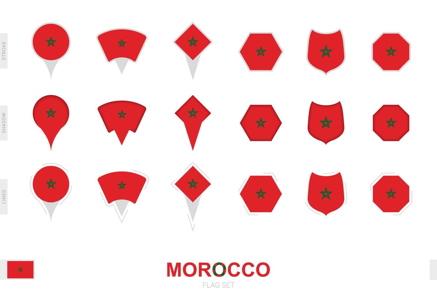 Collection of the Morocco flag in different shapes and with three different effects. vector
