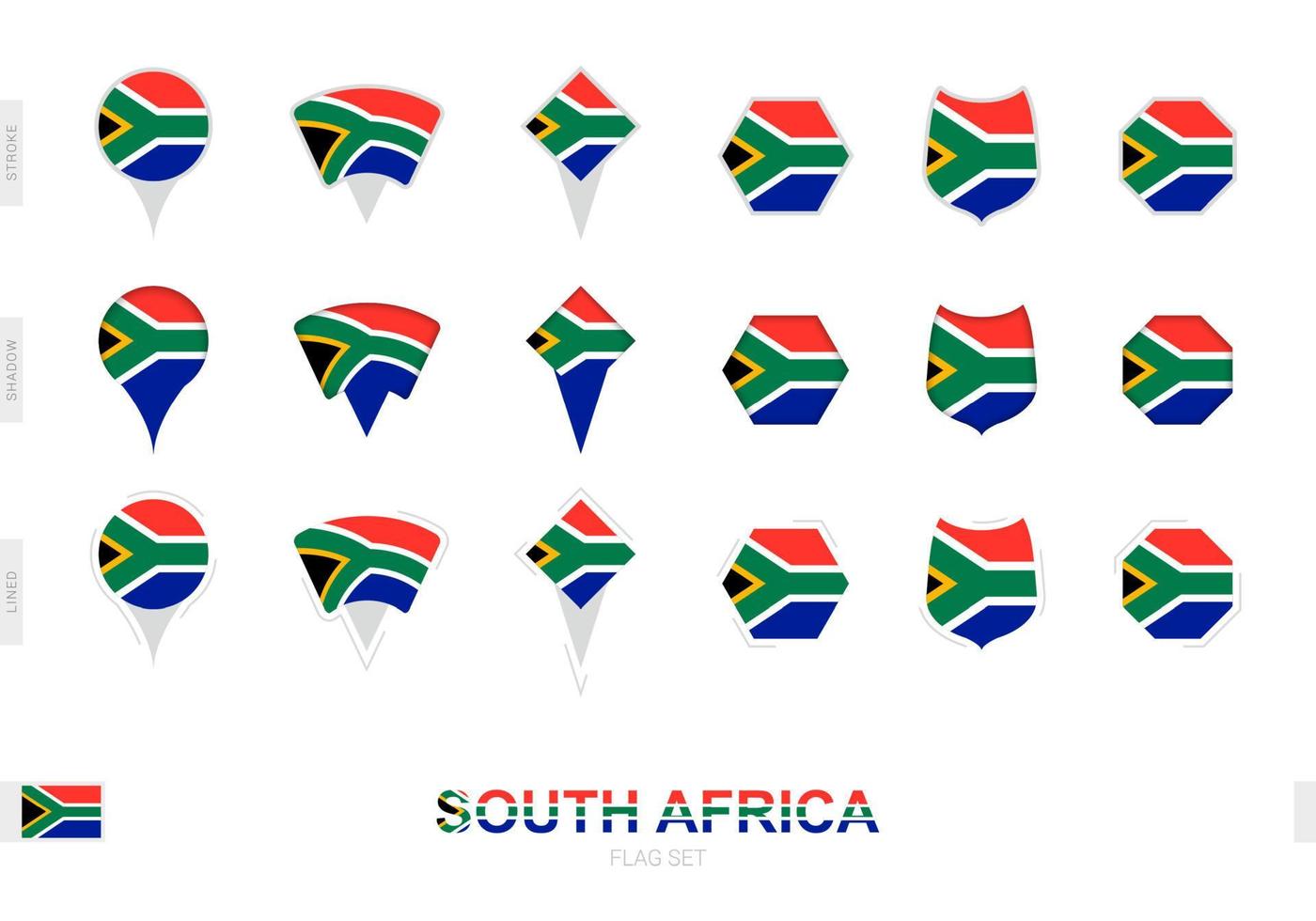 colección de la bandera de sudáfrica en diferentes formas y con tres efectos diferentes. vector