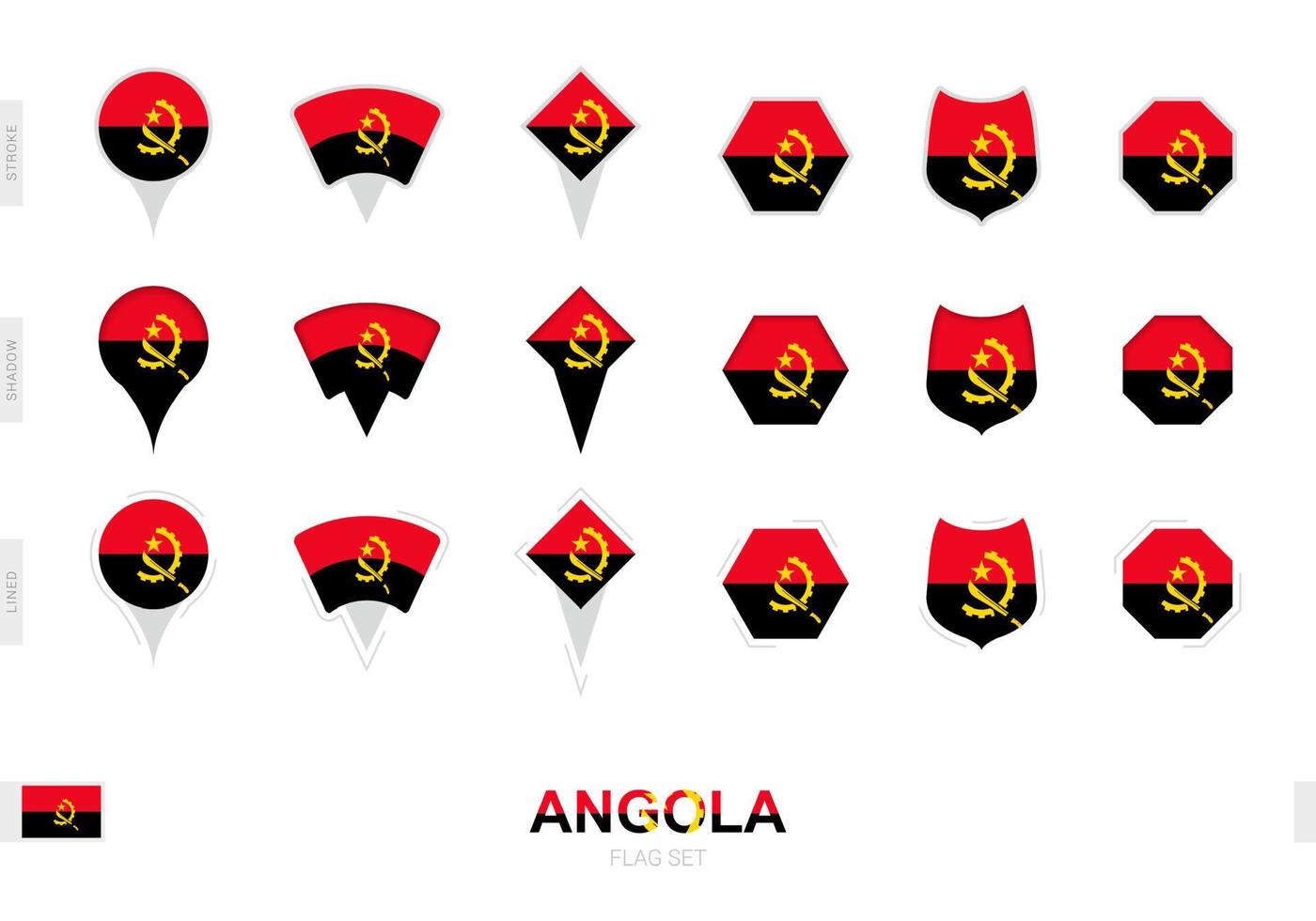 Collection of the Angola flag in different shapes and with three different effects. vector