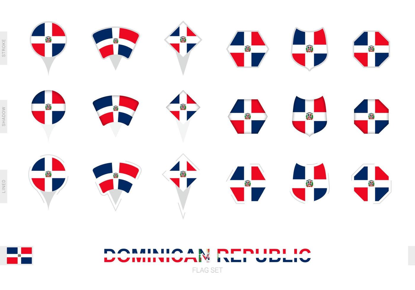 Collection of the Dominican Republic flag in different shapes and with three different effects. vector