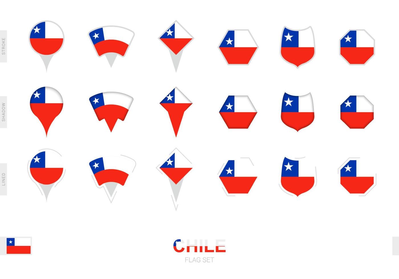 Collection of the Chile flag in different shapes and with three different effects. vector