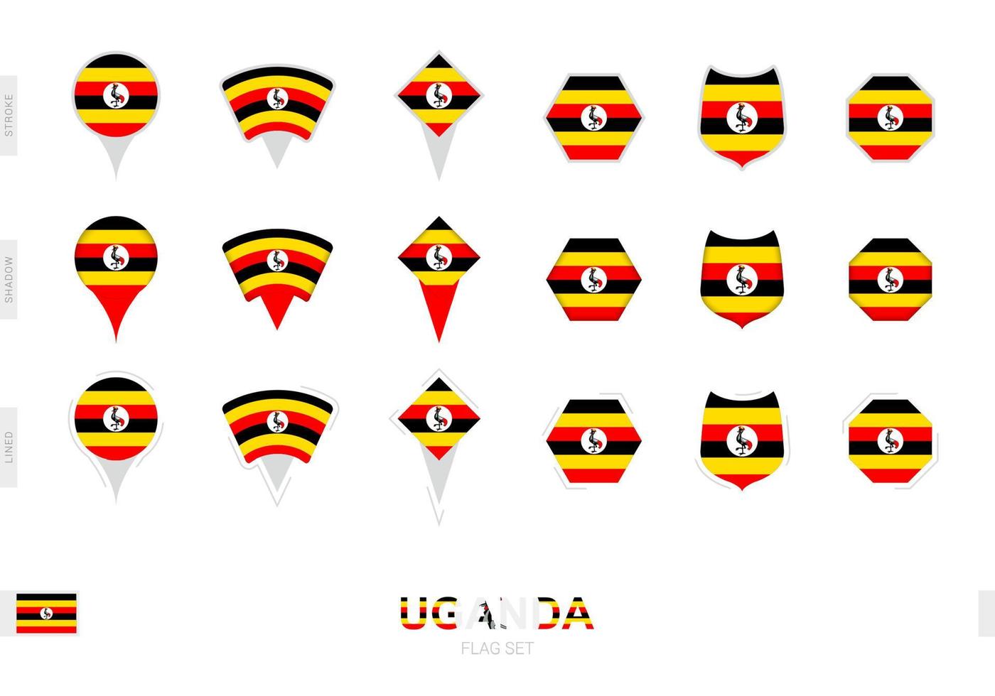 Collection of the Uganda flag in different shapes and with three different effects. vector