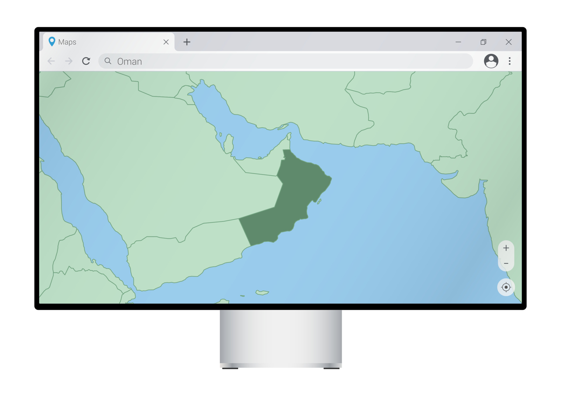 Computer monitor with map of Oman in browser, search for the country of Oman on the web mapping