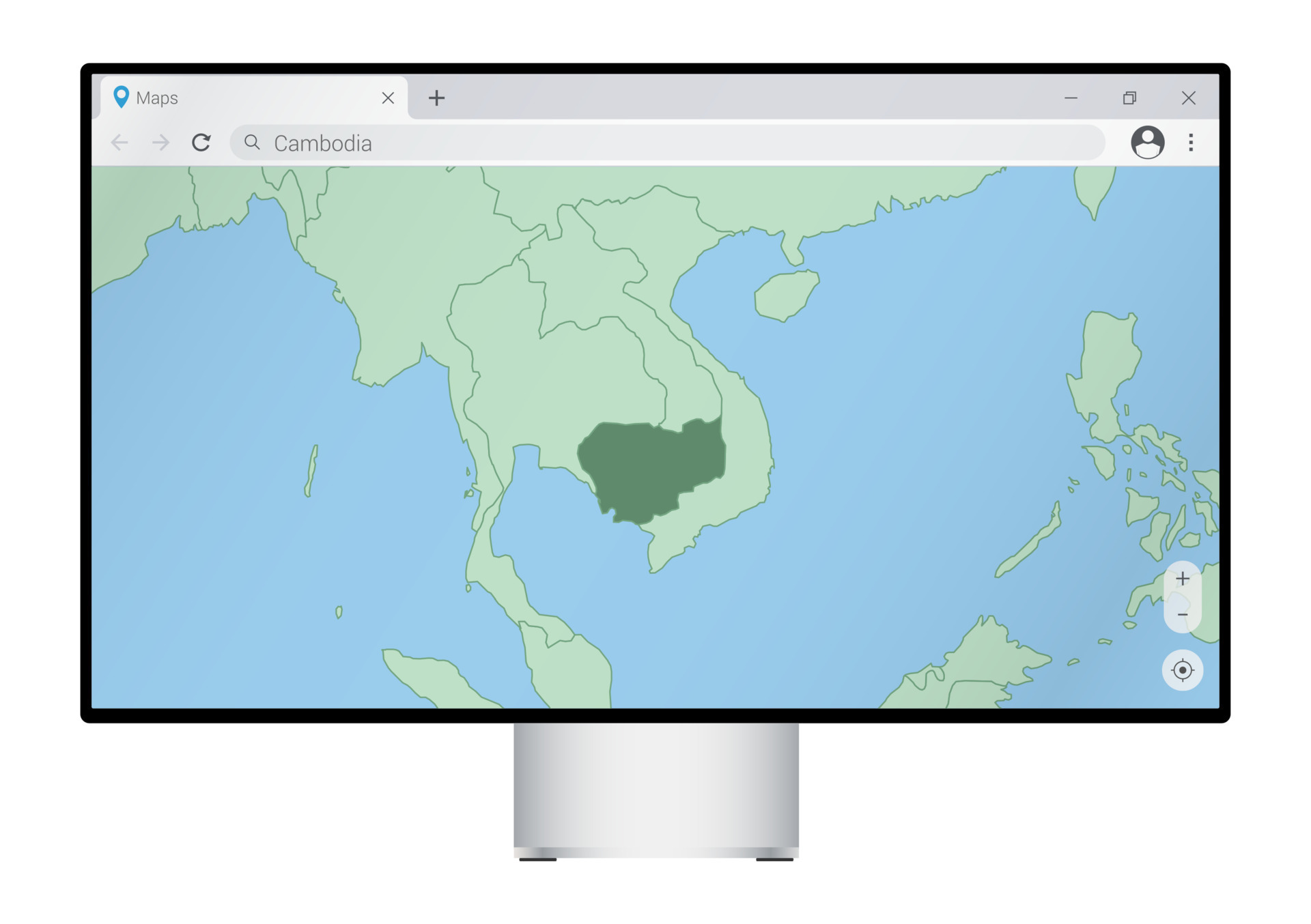 Computer monitor with map of Cambodia in browser, search for the country of Cambodia on the web
