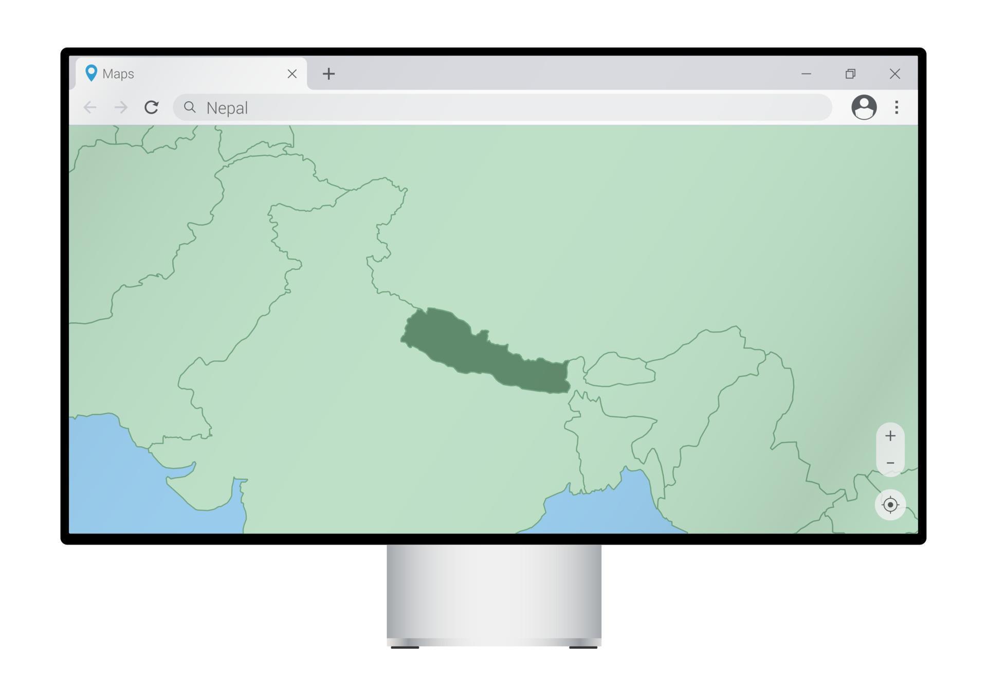 Computer monitor with map of Nepal in browser, search for the country