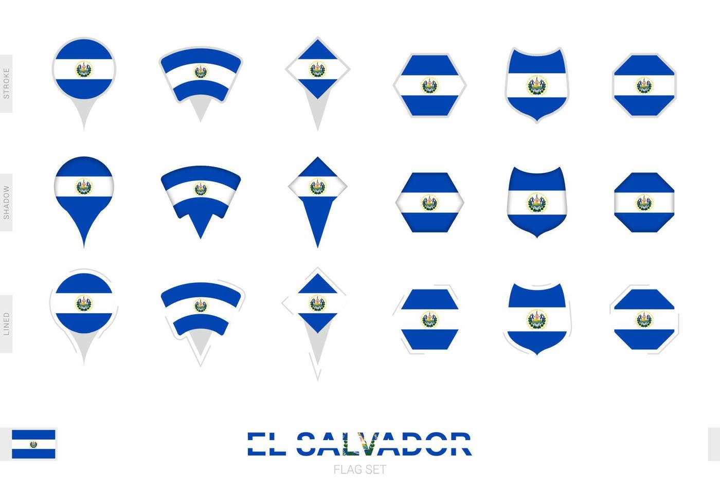 Collection of the El Salvador flag in different shapes and with three different effects. vector