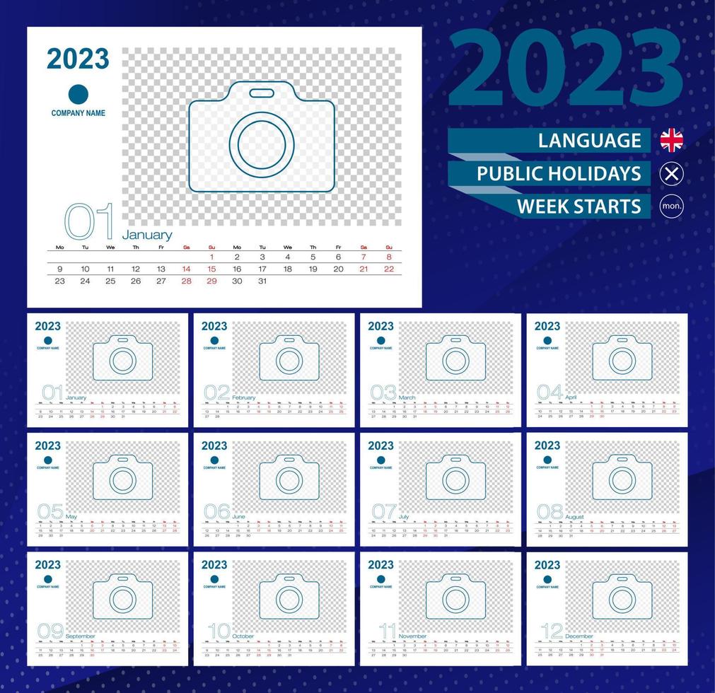 Desk calendar 2023, 2 week grid in English. Place for photo for illustration. vector