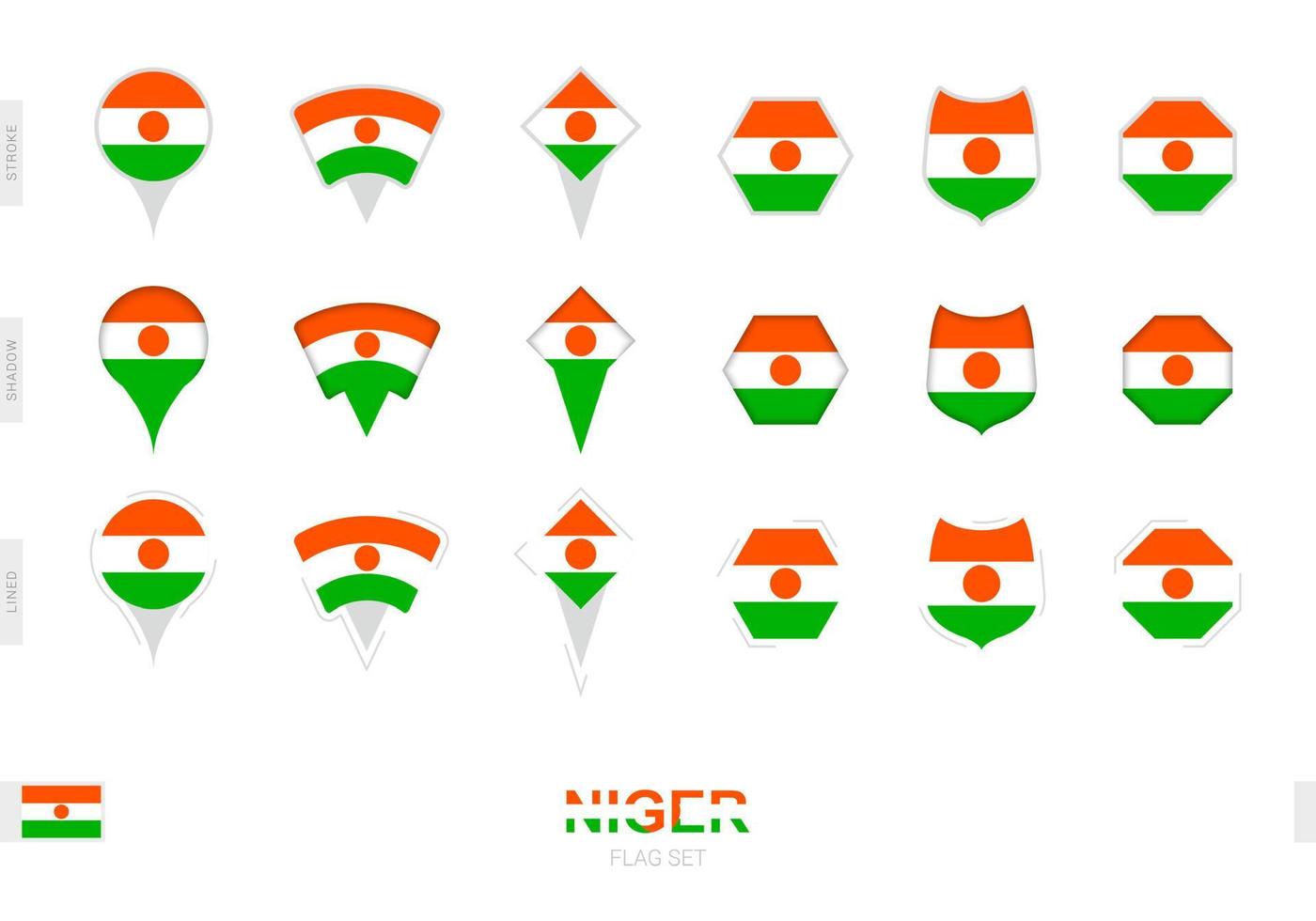 Collection of the Niger flag in different shapes and with three different effects. vector