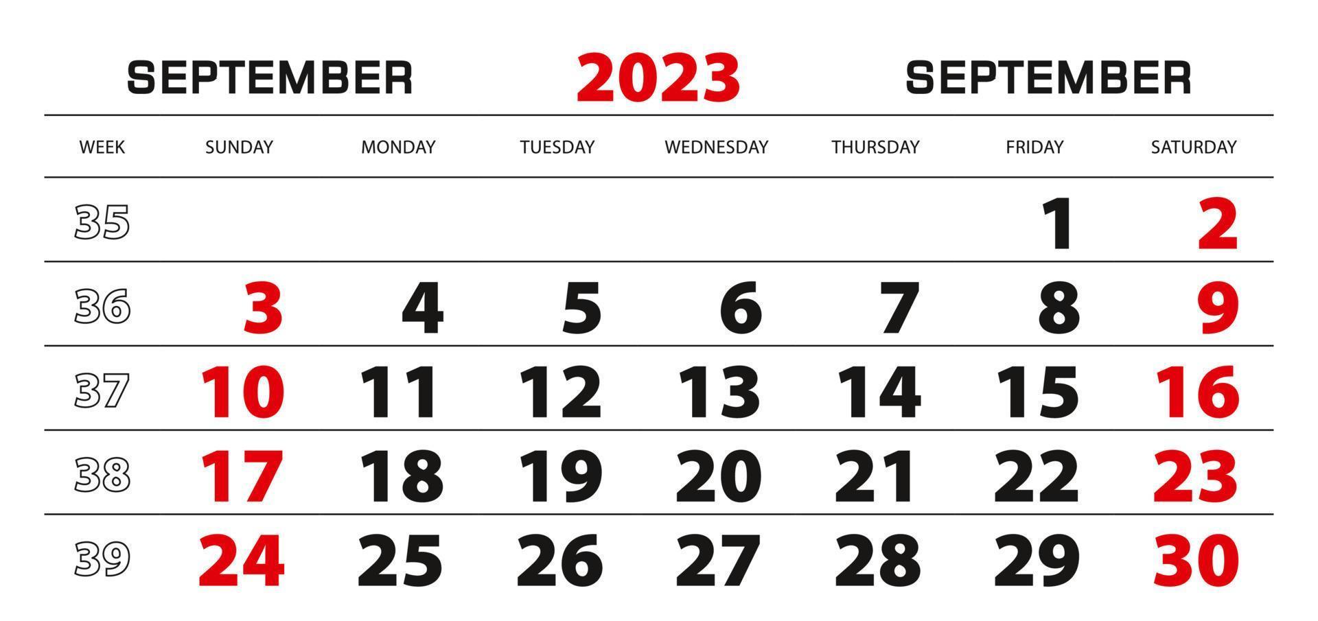 Wall calendar 2023 for september, week start from sunday. vector