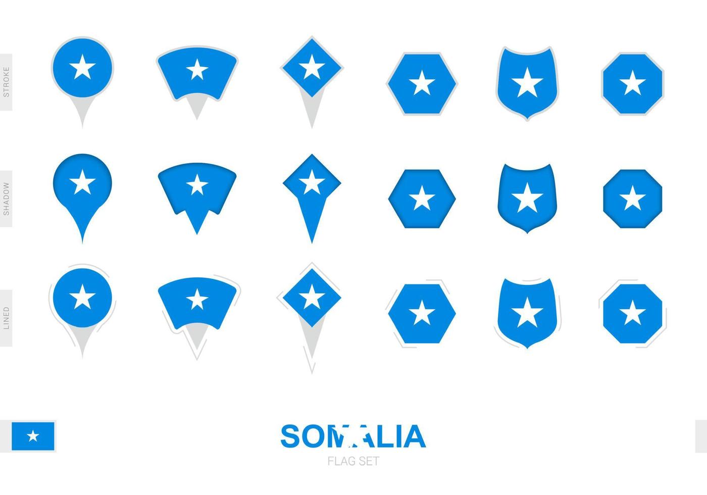 colección de la bandera de somalia en diferentes formas y con tres efectos diferentes. vector