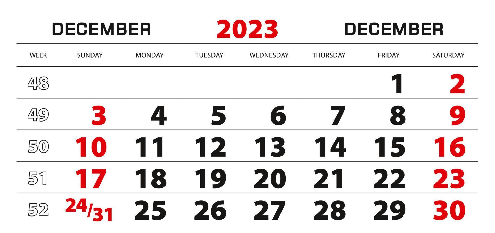 calendario de pared 2023 para diciembre, semana a partir del domingo. vector