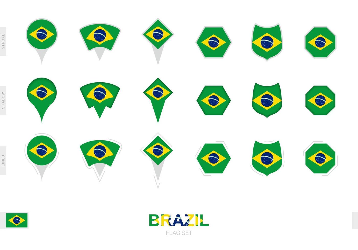 Collection of the Brazil flag in different shapes and with three different effects. vector