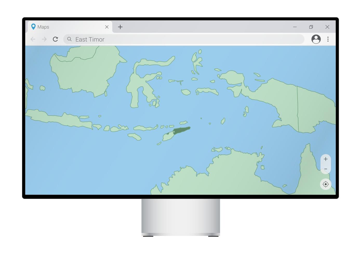 Computer monitor with map of East Timor in browser, search for the country of East Timor on the web mapping program. vector